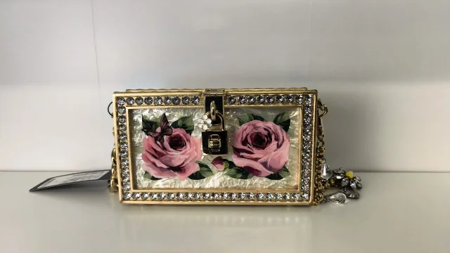 Dolce & Gabbana BOX Wooden Gold crystal pink roses hand shoulder in Pink from Luxury Promise