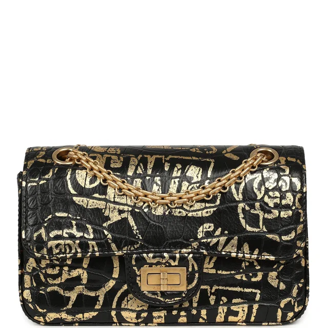 Chanel Mini Graffiti Reissue 224 2.55 Flap Bag Black, Gold Croc Embossed Calfskin Brushed Gold Hardware in Black Calfskin from Madison Avenue Couture