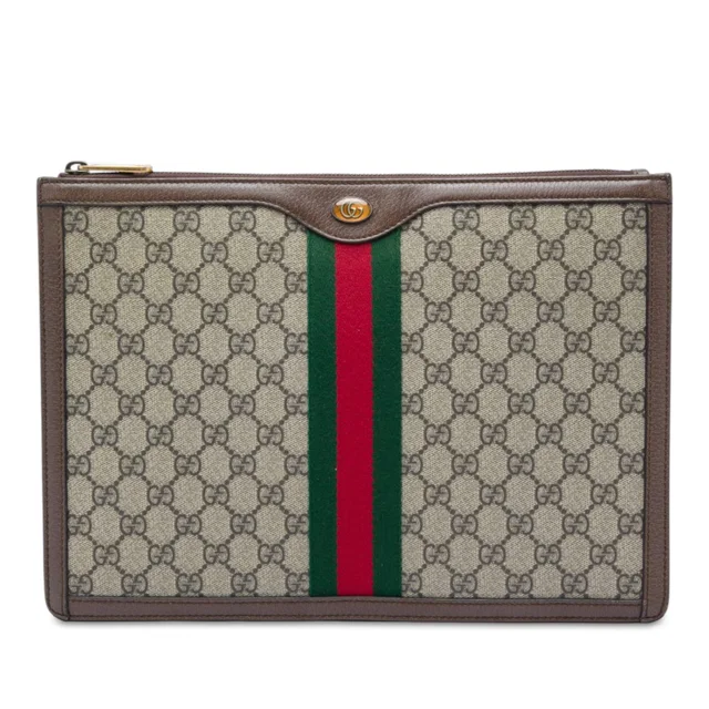 Beige Gucci GG Supreme Web Ophidia Clutch in Beige Coated canvas from Designer Revival