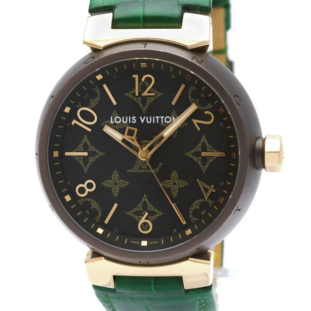 Louis Vuitton Tambour Quartz 18K Rose Gold Steel Quartz Watch QA139Z in Brown Leather from Elady