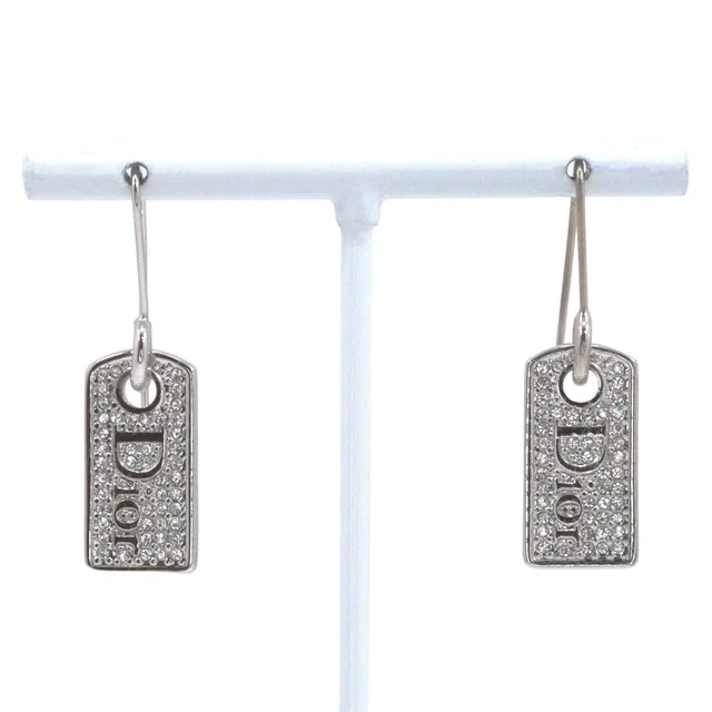 Dior Logo Plate Metal Rhinestone Silver Earrings in Silver from The Reluxe