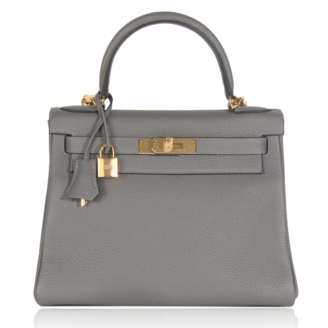 Hermès Etain Clemence Retourne Kelly 28 Ghw Gray Leather Handbag in Taupe Clemence leather from HEWI