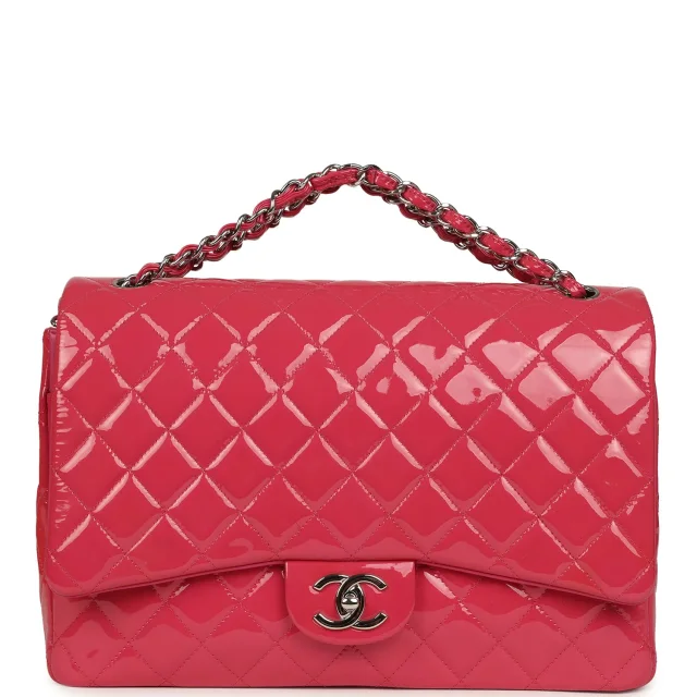 Chanel Maxi Classic Double Flap Bag Dark Pink Patent Silver Hardware in Pink Patent from Madison Avenue Couture, photo 7 of 10