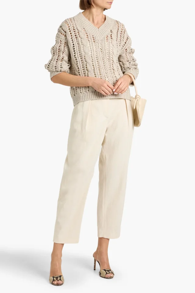 Brunello Cucinelli Cable and Open-Knit Jute-Blend V-Neck Sweater, photo 2 of 4 from THE OUTNET