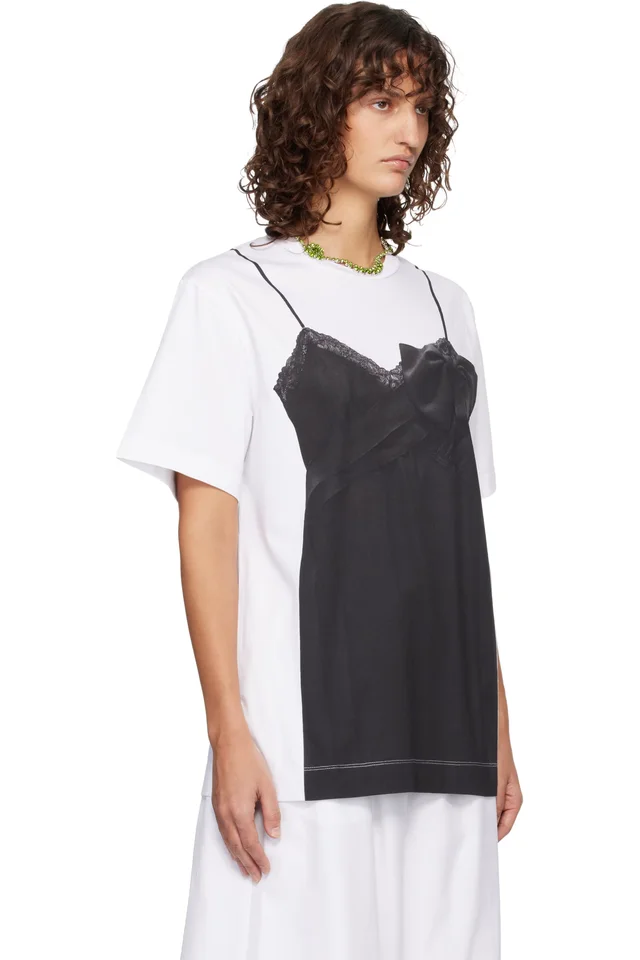 Simone Rocha White & Black Bow Sash Slip Dress Trompe L'Oeil T-shirt, photo 2 of 4 from SSENSE