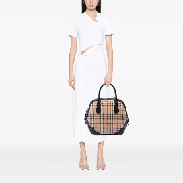 Beige Burberry Medium Haymarket Check Coated Canvas Orchard Bowling Bag Satchel in Beige Coated canvas from Designer Revival, photo 6 of 6