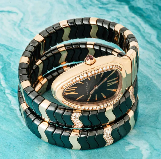 Bvlgari Black Ceramic 18K Rose Gold Diamond Serpenti Spiga Watch in Black Ceramic from HEWI, photo 4 of 5