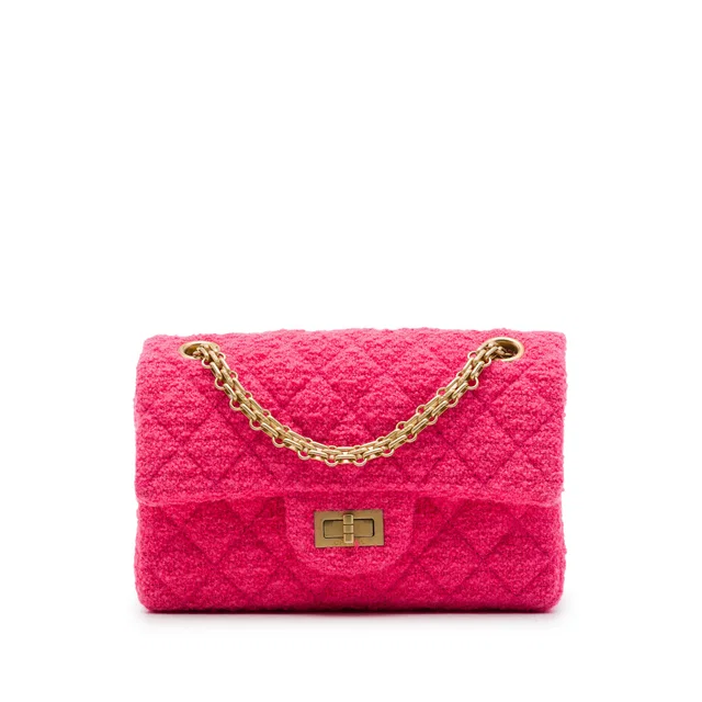 Pink Chanel Mini Quilted Tweed Reissue 2.55 Single Flap 224 Shoulder Bag in Pink Tweed from Designer Revival