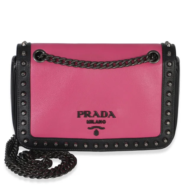 Prada Black Pink Calfskin Glace Studded Chain Flap in Black Calfskin from myGemma