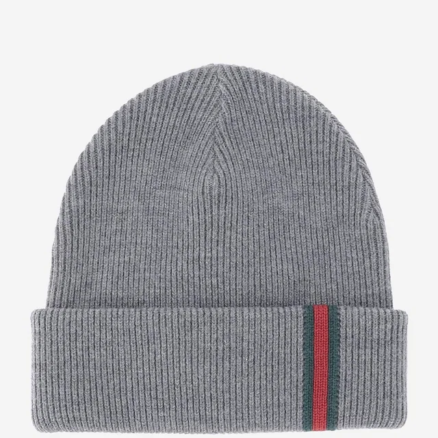 Gucci 834192 Wool Ribbed With Web Stripe Beanie — Gray Fabric Beanies in Grey Wool from HEWI