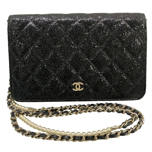 Chanel Wallet Quilted Black Chain Leather Shoulder Bag in Black Leather from The Reluxe