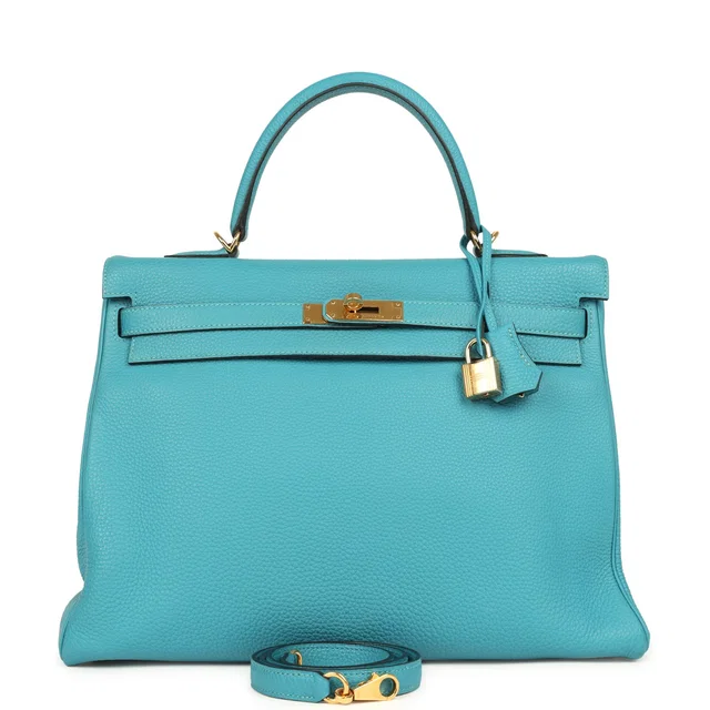 Hermès Kelly Retourne 35 Turquoise Togo Gold Hardware in Blue Togo from Madison Avenue Couture
