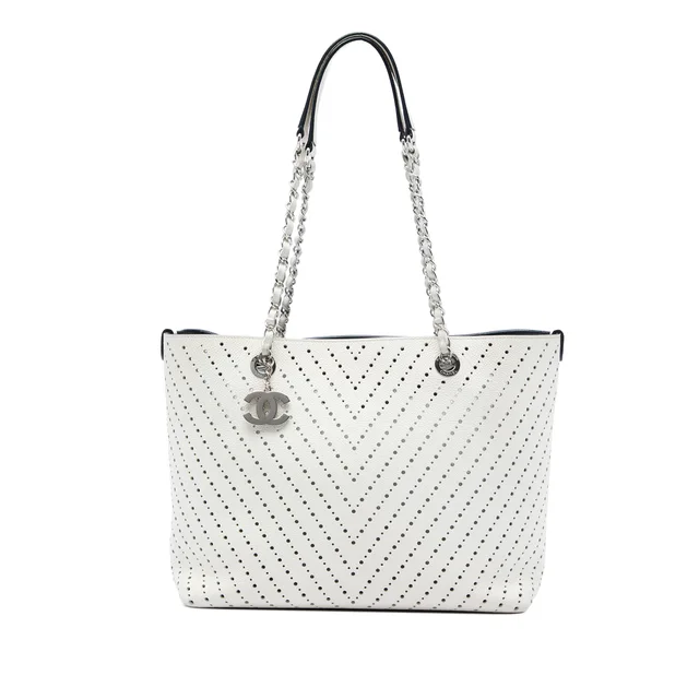 White Chanel CC Perforated Chevron Caviar Shopping Tote in White Caviar leather from Designer Revival