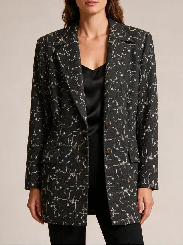 Escada Vintage Black Patterned Longline Blazer With Silver Thread Design in silver|black|gray Wool from Poshmark