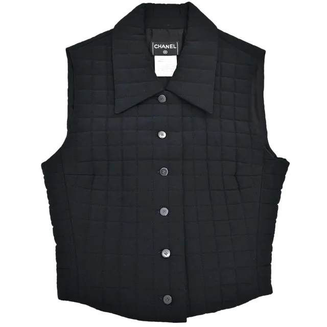 Chanel 2000 Choco Bar Vest Jacket Black #36 in Black Silk from AMORE Vintage Tokyo