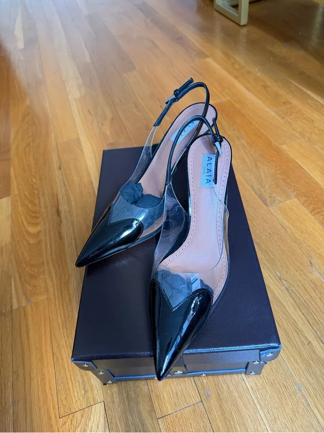 Alaïa Black Patent Pointed Toe Slingback Pumps With Clear Panels in black|white Patent leather from Poshmark