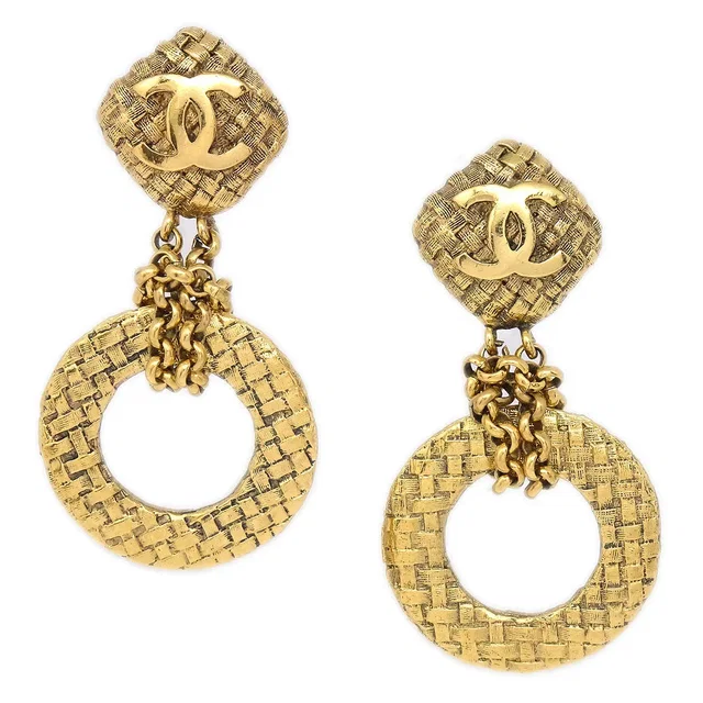 Chanel 1994 Woven CC Hoop Earrings Clip-On Gold 2881 in Gold Woven leather from AMORE Vintage Tokyo