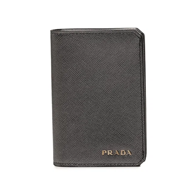 Black Prada Saffiano Bifold Card Holder in Black Saffiano leather from Designer Revival