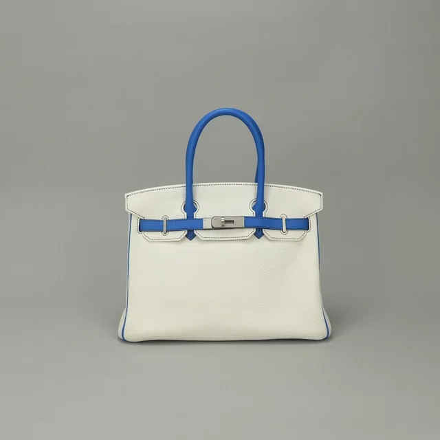 Hermès Birkin 30 Tote Bag Taurillon Clemence Blanc Blue Bleu Zellige White Matte in White Clemence leather from The Reluxe
