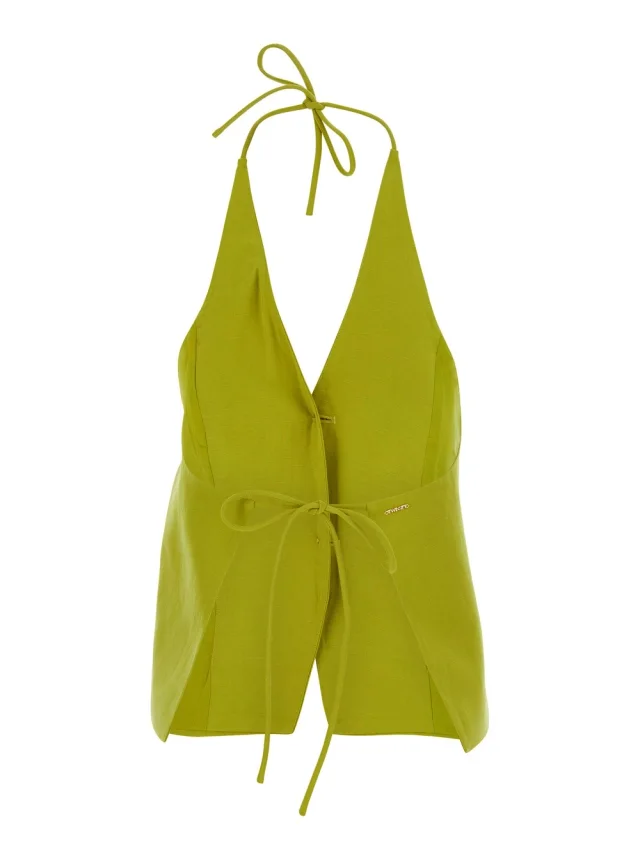 Twinset Yellow Vest with V-Neck and Drawstring Closure on Neck and Back in Blend Linen for women in Yellow 75% Lyocell 25% Linen, photo 3 of 6 from Gaudenzi Boutique