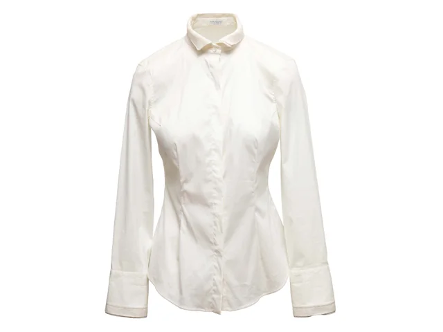 White Brunello Cucinelli Monili-Trimmed Button-Up Top Size US S in White from Designer Revival
