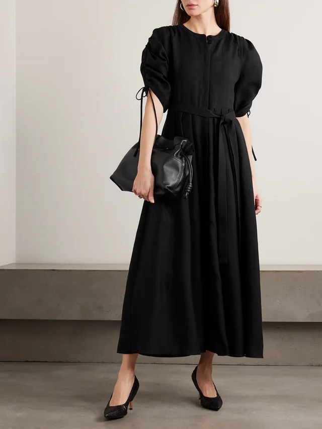 GABRIELA HEARST Linnea belted ruched pleated linen midi shirt dress in Black, photo 2 of 2 from NET-A-PORTER (Canada)