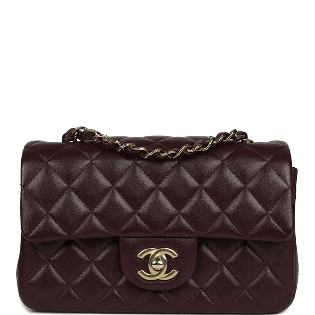 Chanel Mini Classic Rectangular Flap Bag Burgundy Shiny Lambskin Light Gold Hardware in Burgundy Lambskin from Madison Avenue Couture