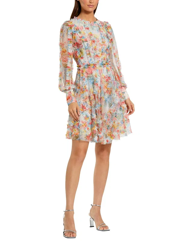 Mac Duggal Floral Mesh Ruffle High Neck Mini Dress, image 1 of 1 from Gilt