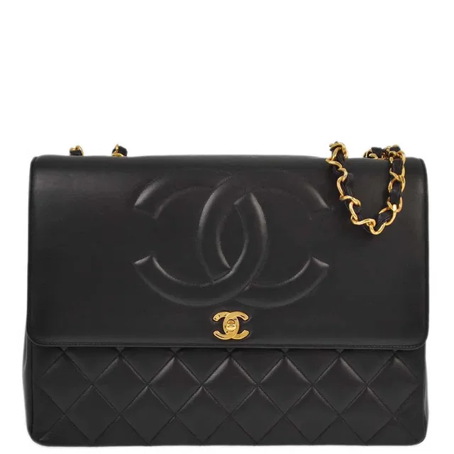 Chanel 1991-1994 Black Lambskin Classic Flap Maxi Chain Shoulder Bag in Black Lambskin from AMORE Vintage Tokyo