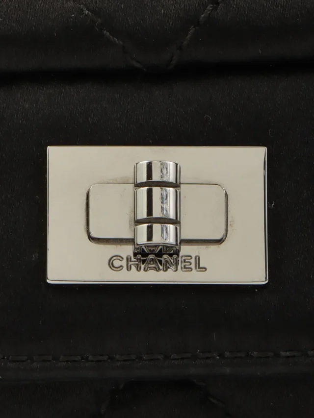Chanel 2008 Vintage Satin 2.55 Ribbon Chain Shoulder Bag Black in Black Satin from VINTAGE QOO TOKYO, photo 7 of 11