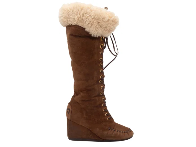 Miu Miu Brown Miu Shearling Knee-High Wedge Boots Size 37.5 in Brown from Designer Revival