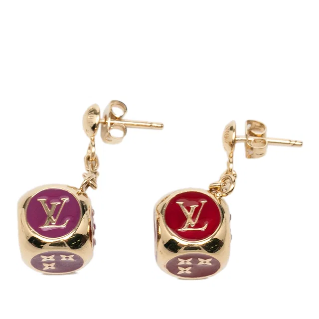 Gold Louis Vuitton Gold Plated Enamel Gamble Dice Drop Push Back Earrings in Gold from Designer Revival