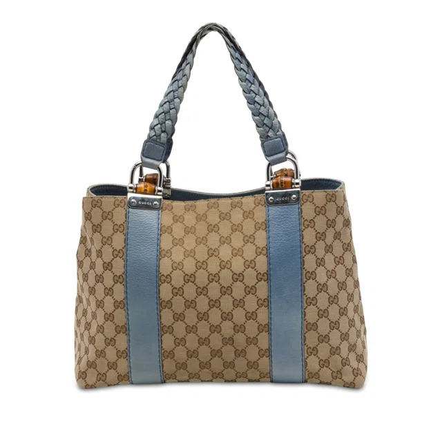 Beige Gucci Medium GG Canvas Bamboo Libeccio Tote in Beige Canvas from Designer Revival