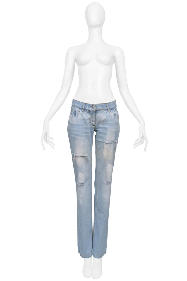 Dolce & Gabbana Distressed Light Blue Denim Jeans W White Paint Marks in White Denim from Resurrection Vintage