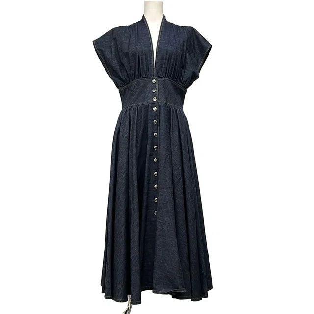Dior Dress I Navy Short Sleeve Maxi Length Denim Cotton 46 in Navy Denim from The Reluxe