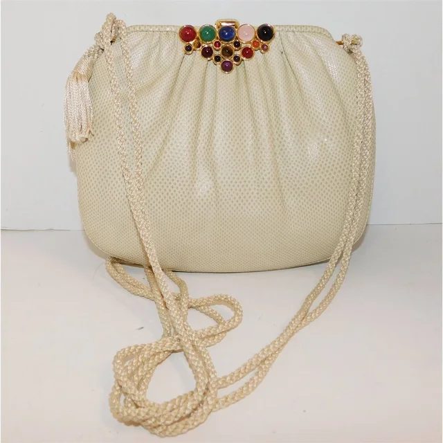 Judith Leiber Vintage Beige Karung Leather Multi Cabochon Clutch Crossbody Bag in gold Leather from Poshmark