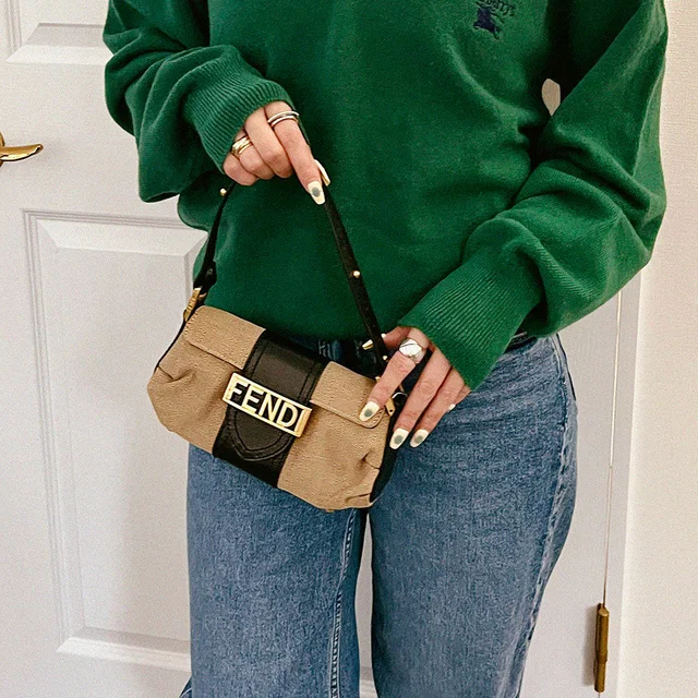 Fendi FF Zucca Pattern Logo Plate Mini Handbag Beige/Black in Black Canvas from VINTAGE QOO TOKYO