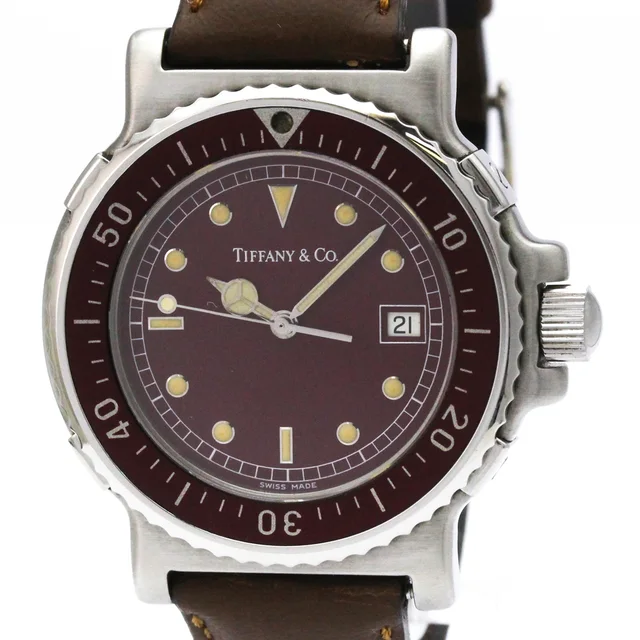 Tiffany & Co. Diver Quartz Steel Leather Quartz Mens Watch M0710 Polished in Bordeaux Leather from Elady