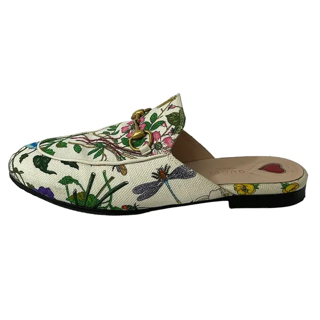 Gucci Mules White Green Multi Horsebit Flora in White Canvas from The Reluxe