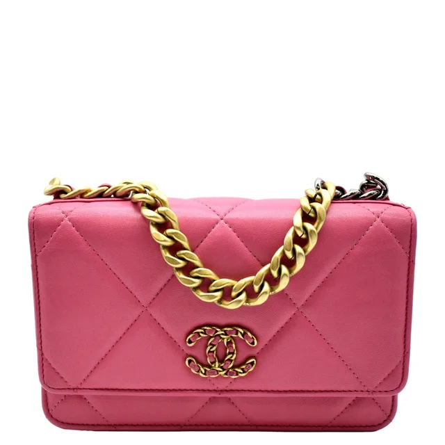 Chanel CHANEL19 CC WOC Quilted Leather Wallet On Chain Crossbody Bag Pink in Pink Leather from Dallas Designer Handbags