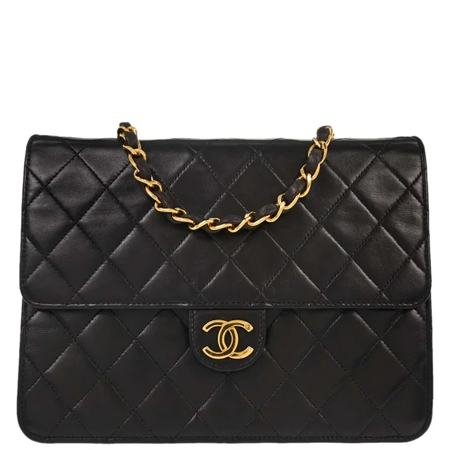 Chanel 1997-1999 Black Lambskin Pushlock Small Half Flap Shoulder Bag in Black Lambskin from AMORE Vintage Tokyo