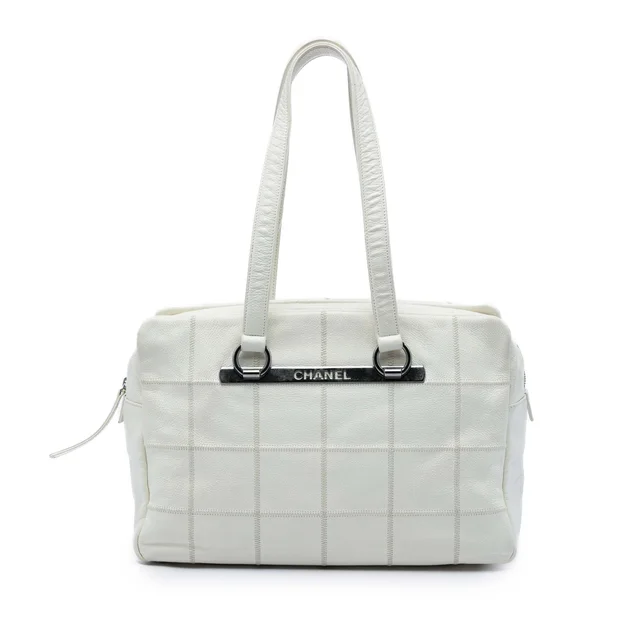 White Chanel Chocolate Bar Caviar LAX Bowler Bag in Brown Caviar leather from Designer Revival