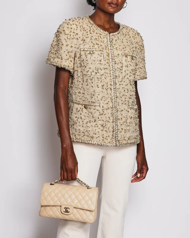 Chanel Beige Short-sleeve Jacket with Gold and Braided Trim Detail Size FR 44 (UK 16) in Beige Silk from Sellier