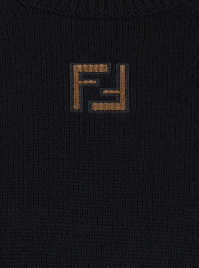 Fendi Black Crewneck Sweater with FF Embroidery on the Front in Wool for Men in Black 100% Virgin Wool, photo 5 of 6 from Gaudenzi Boutique