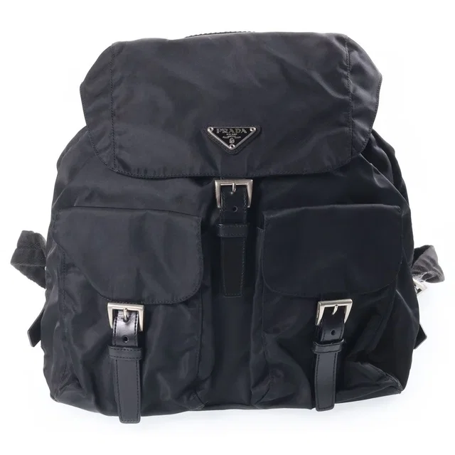 Prada Triangle Logo Nylon Backpack Black Tessuto Silver in Black Nylon from The Reluxe