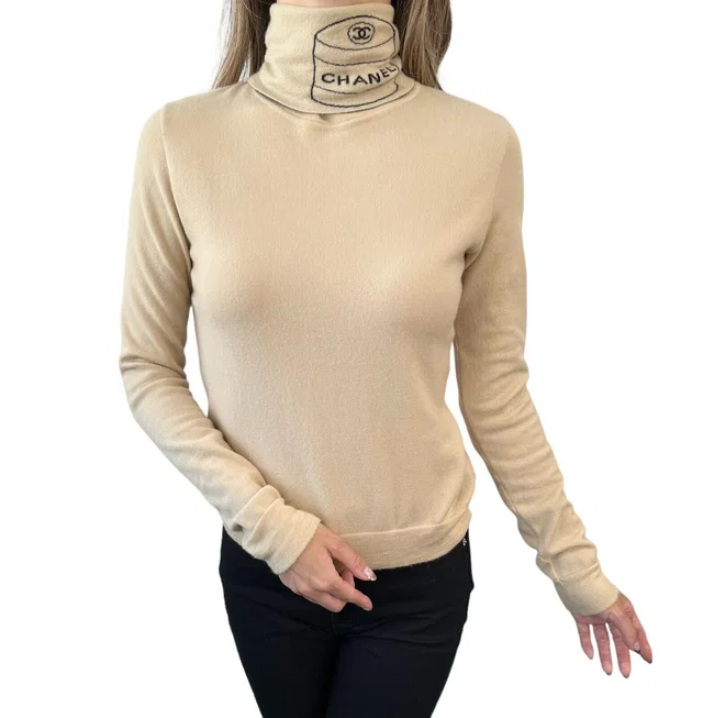 Chanel Vintage 04A CC Logo Turtleneck Sweater #38 Long Sleeve Top Cream Cashmere in White Cashmere from Luxury Promise