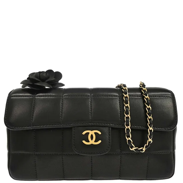 Chanel 2003-2004 Black Lambskin Choco Bar Camellia Shoulder Bag in Black Lambskin from AMORE Vintage Tokyo