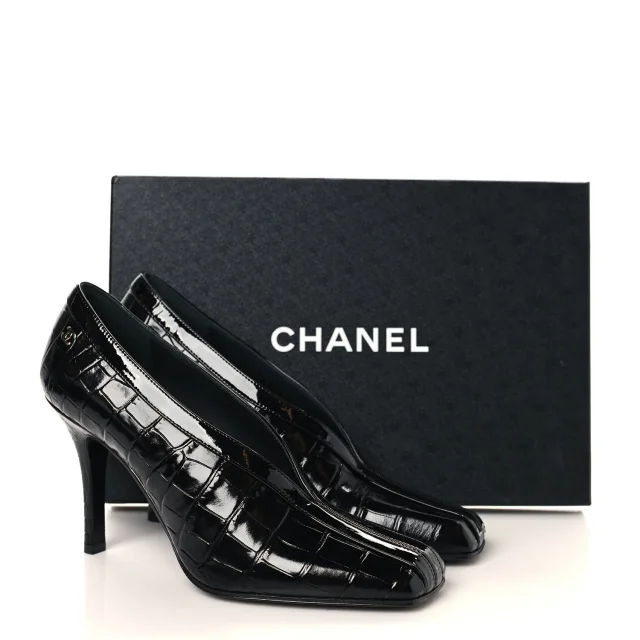 Chanel Crocodile Embossed Patent Calfskin Pumps 38.5 Black in Black Calfskin from FASHIONPHILE, photo 10 of 10