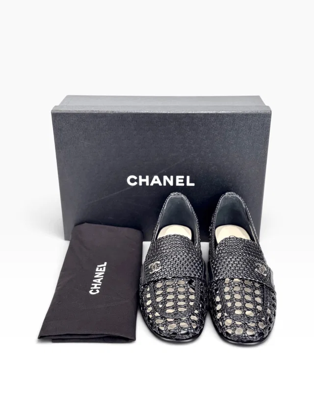Chanel Shiny Braided Loafers Black #37.5 in Black from Luxury Promise
