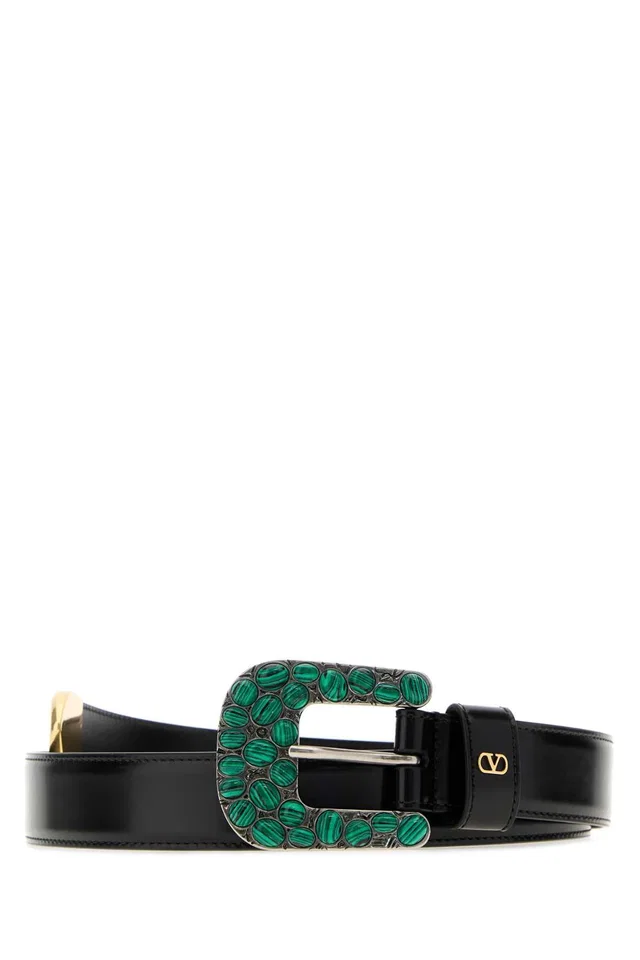 Valentino Garavani Vlogo Signature Malachite Buckle Belt — Black in Black Calfskin from HEWI